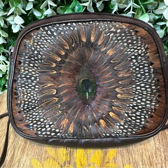 Vintage boho leather crossbody bag peacock pheasant feather front super unique - Picture 9 of 14
